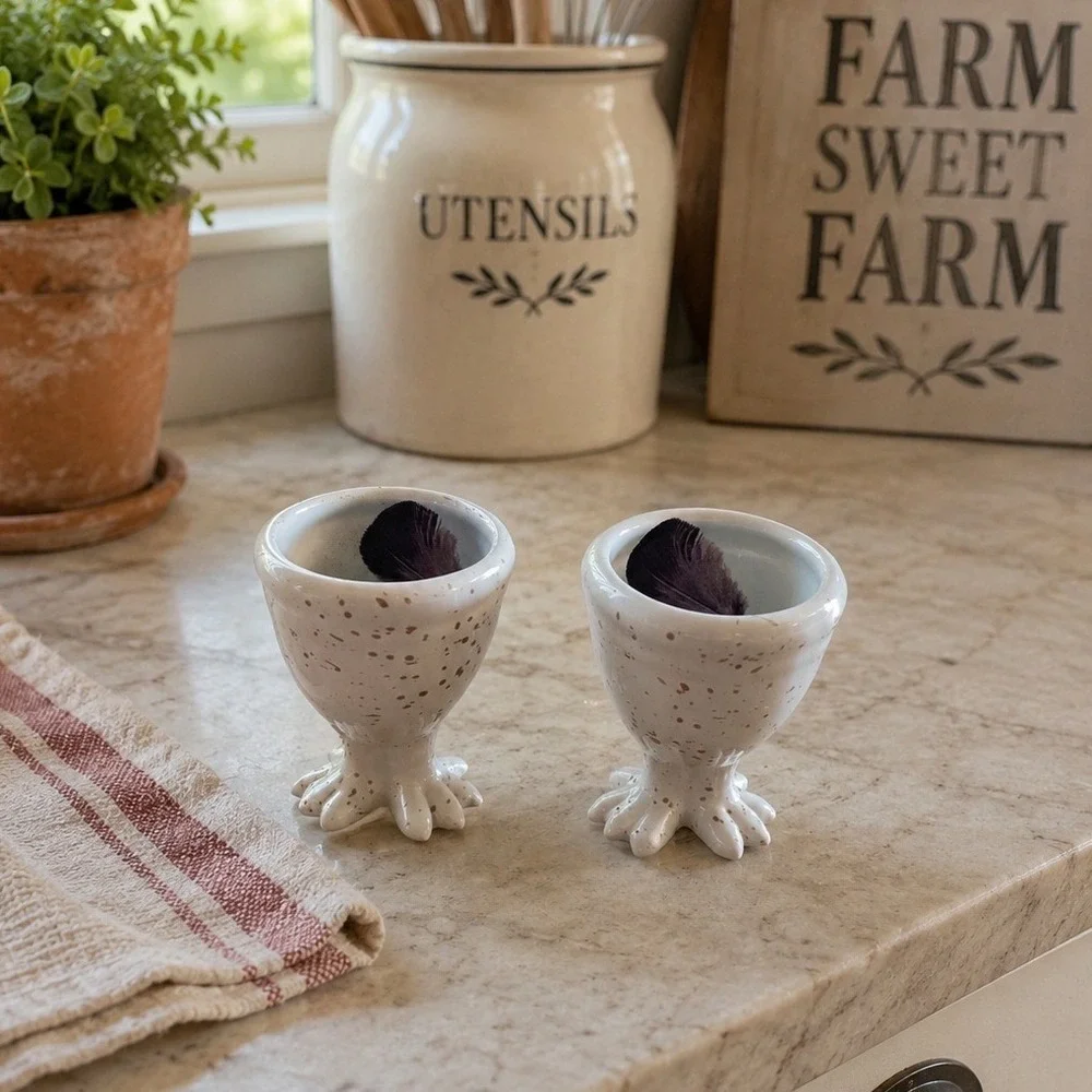 Set of 2 Speckled Ceramic Egg‎ Cups with Bird Claw Feet and Feather Detail